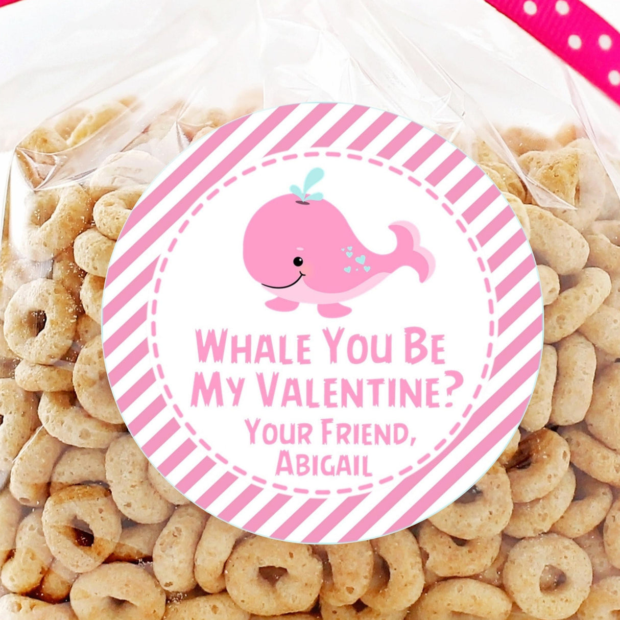 Light pink whale valentine sticker for kids treat bags and favors