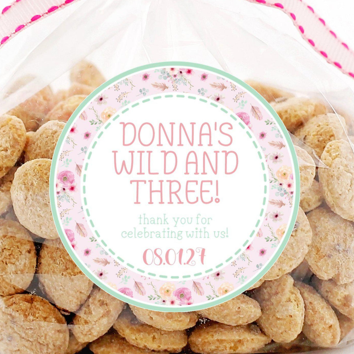 Mint and pink Wild and Three birthday sticker