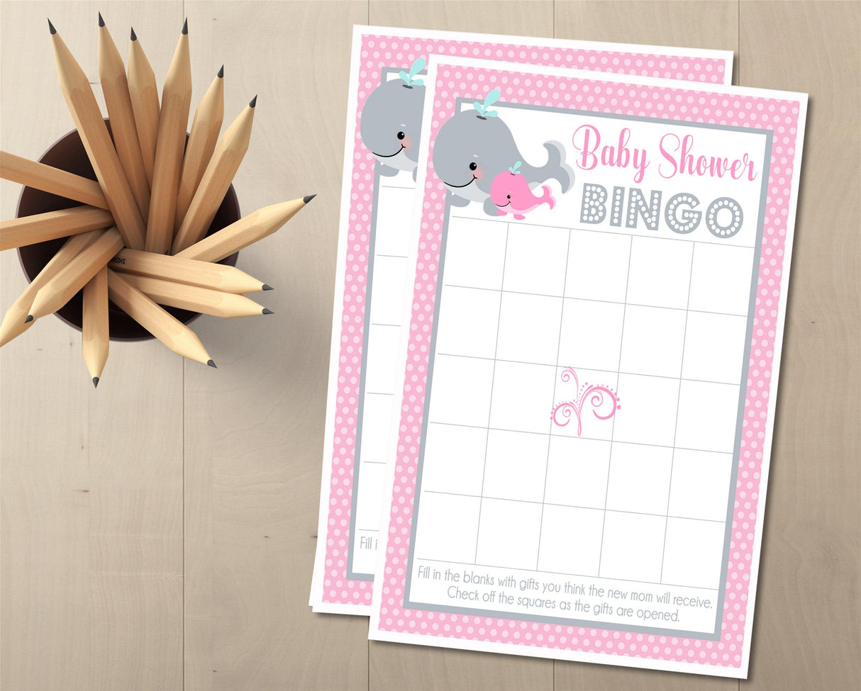 Nautical pink whale baby bingo card