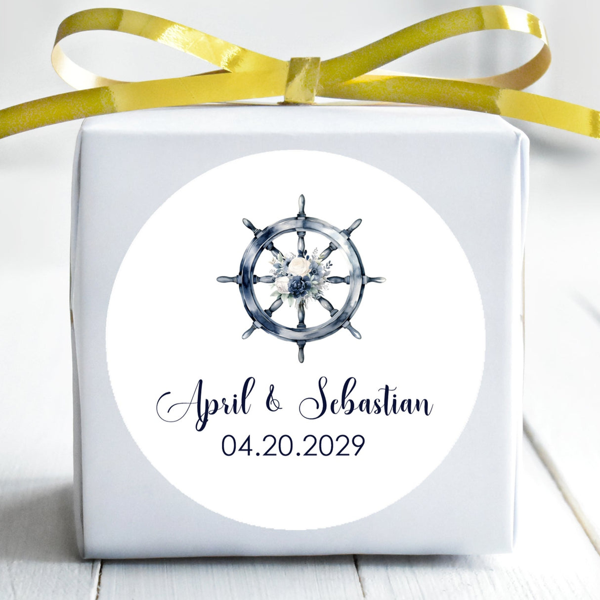 Nautical ship wheel wedding sticker with blue floral design