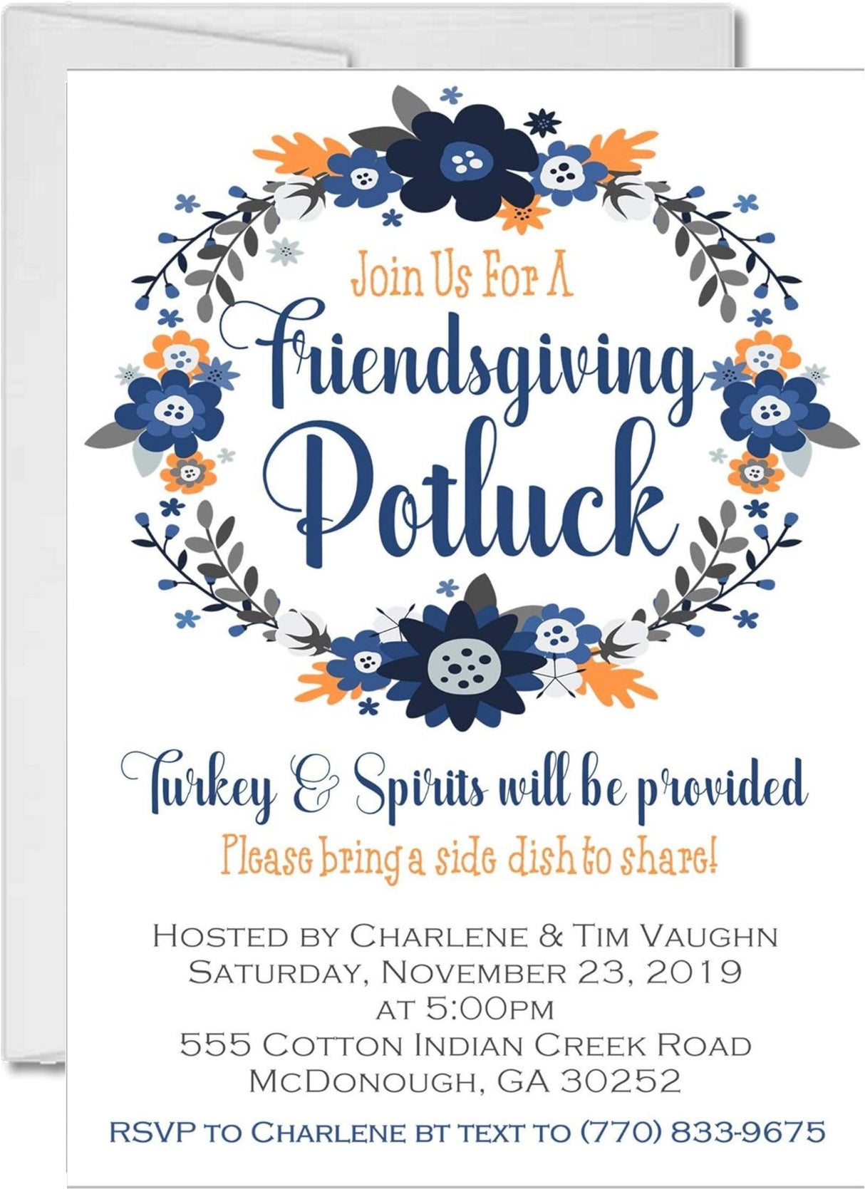 Navy and blue floral Friendsgiving potluck invitation
