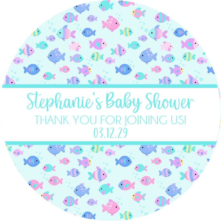 Ocean themed baby shower favor labels with fish pattern