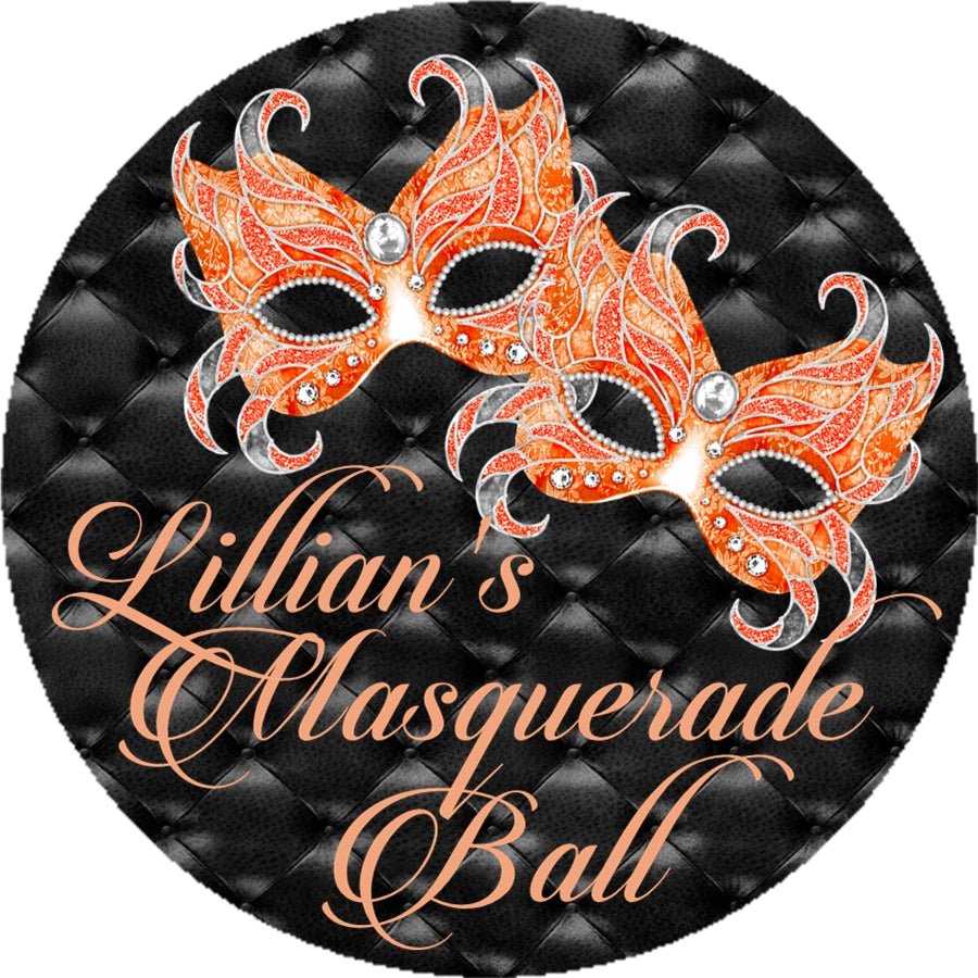 Orange black masquerade ball party sticker favor labels