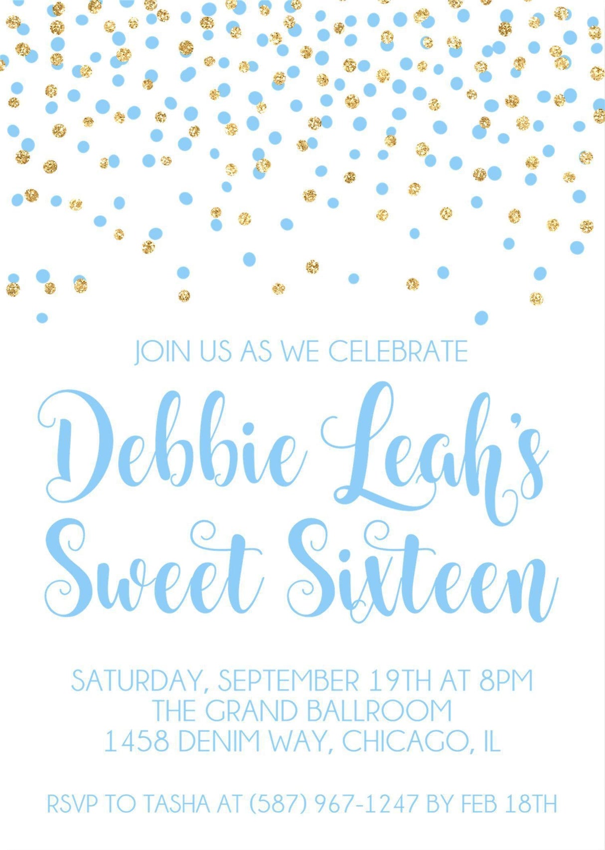 Pastel Blue And Gold Confetti Sweet 16 Party Invitations