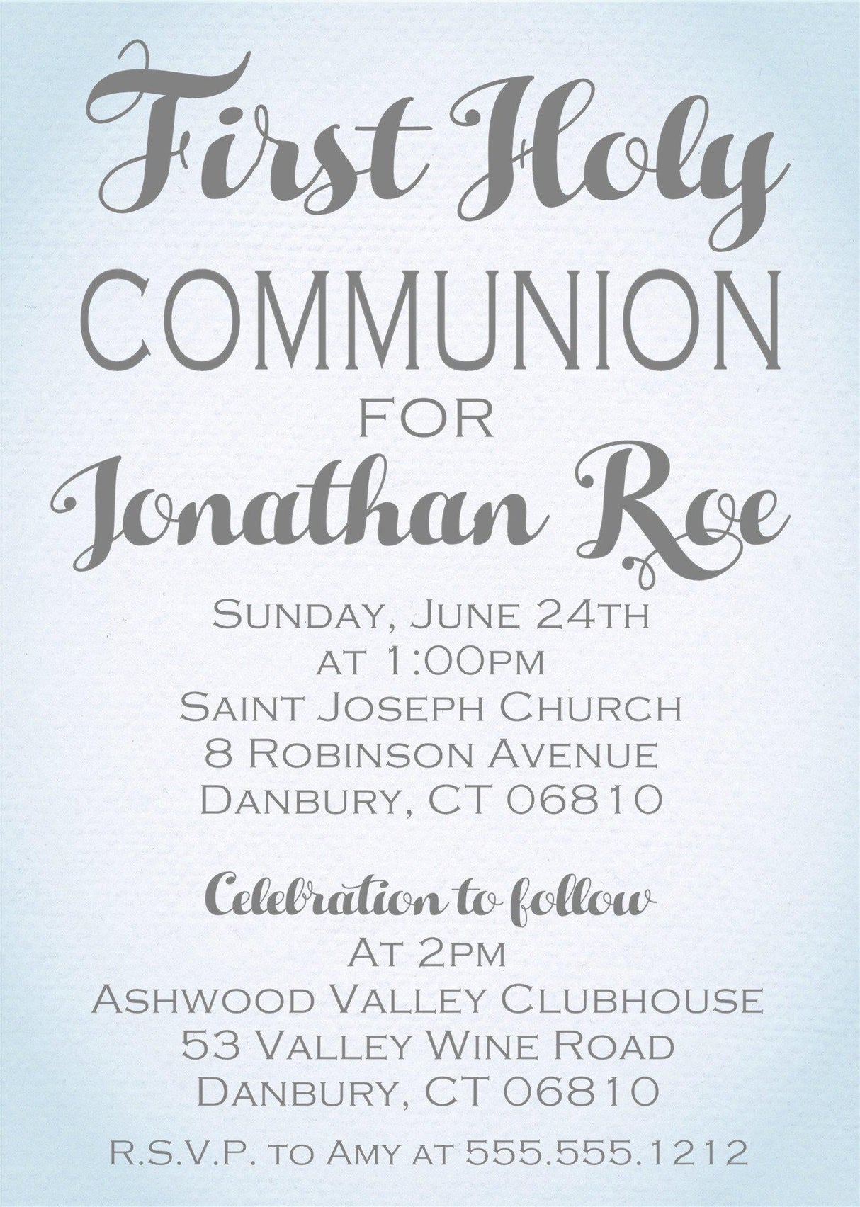 Pastel Blue Watercolor First Holy Communion Invitations