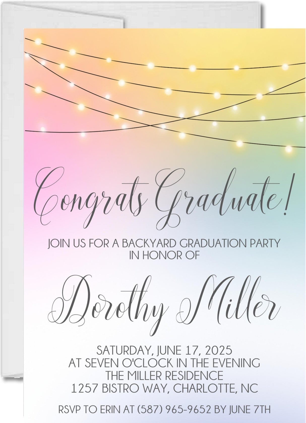 Pastel bistro lights graduation party invitation with rainbow gradient background