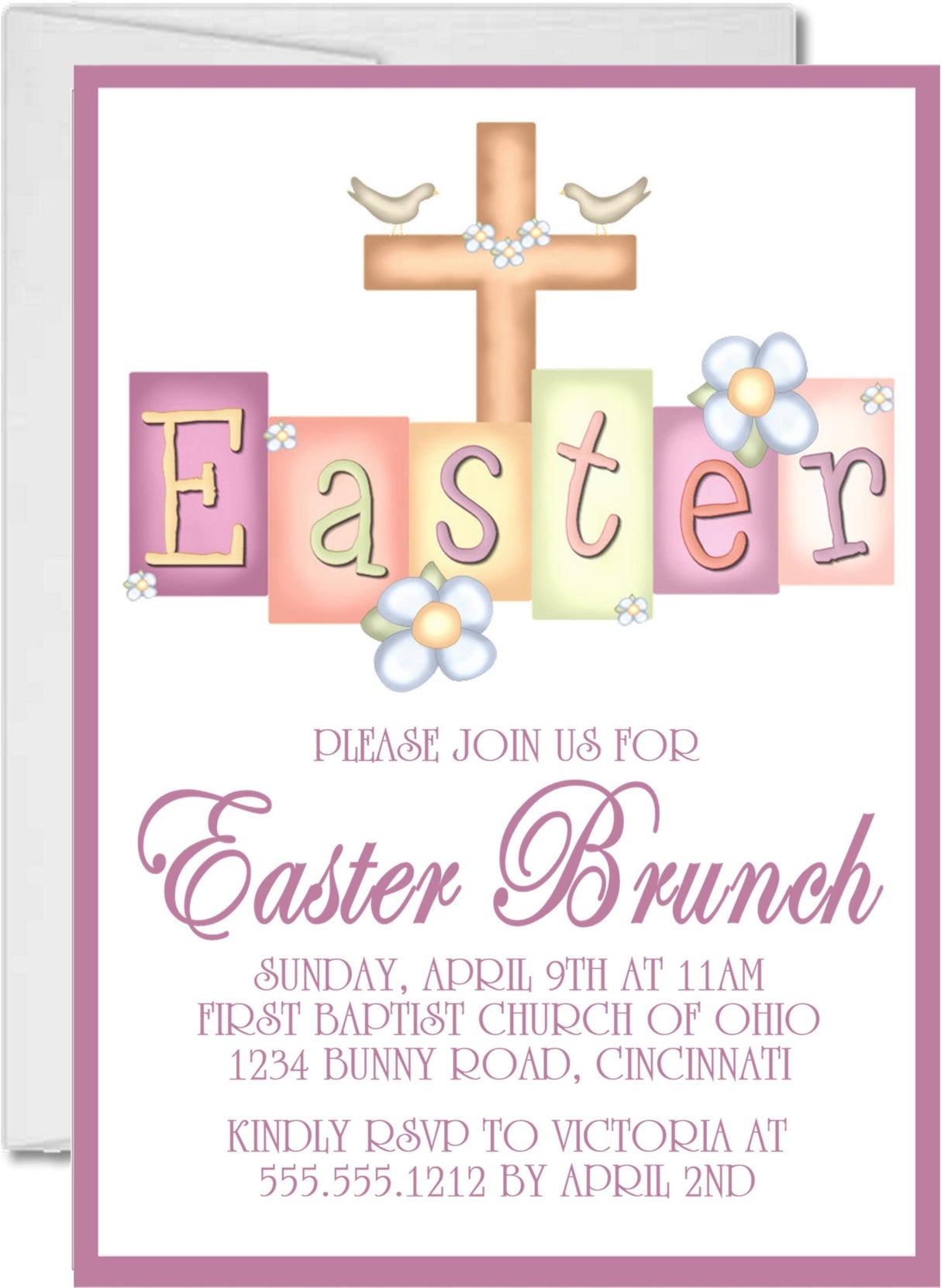 Pastel cross Easter brunch invitation with flowers and doves