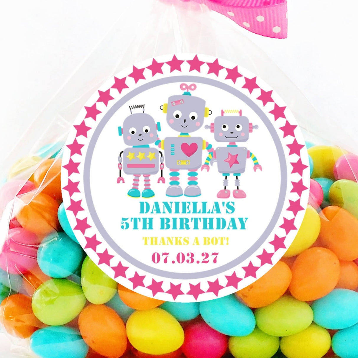 Pastel girl robot birthday sticker with pink star border and personalized text
