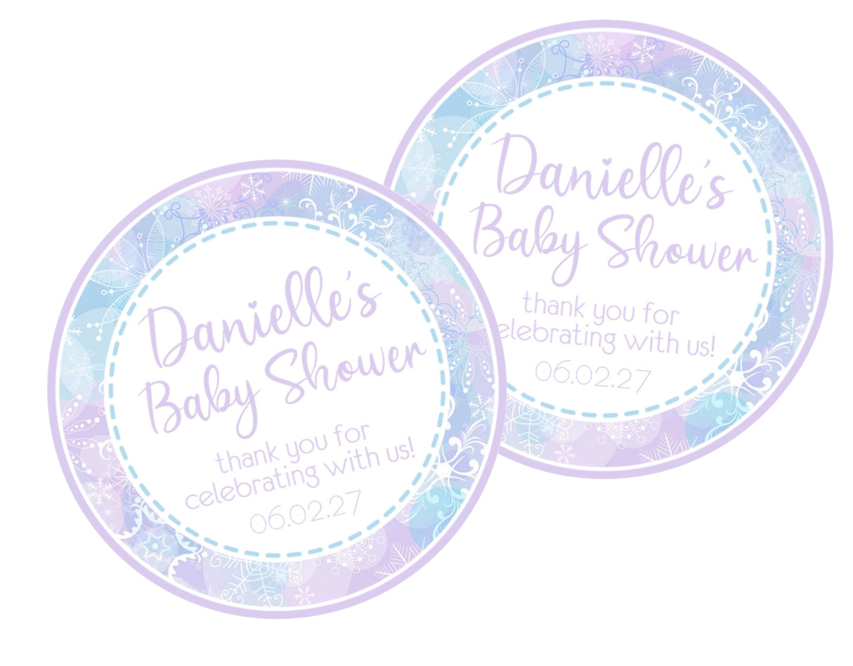 Pastel pink and purple snowflake baby shower sticker
