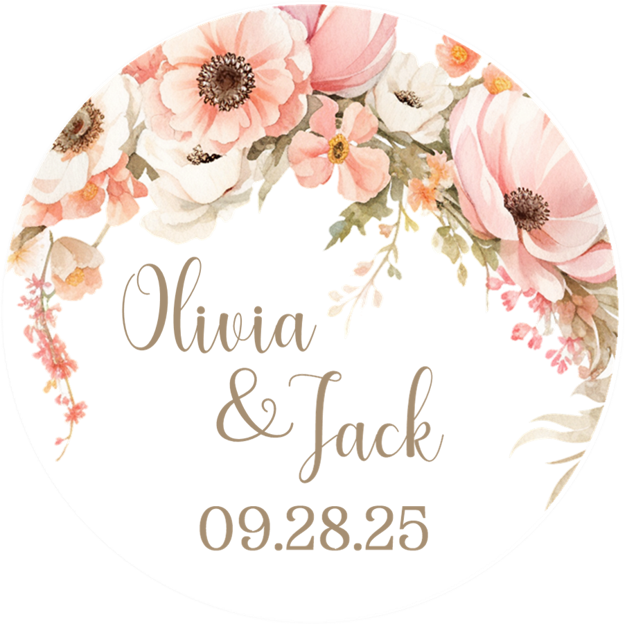 Peach and blush floral wedding favor sticker in circular layout