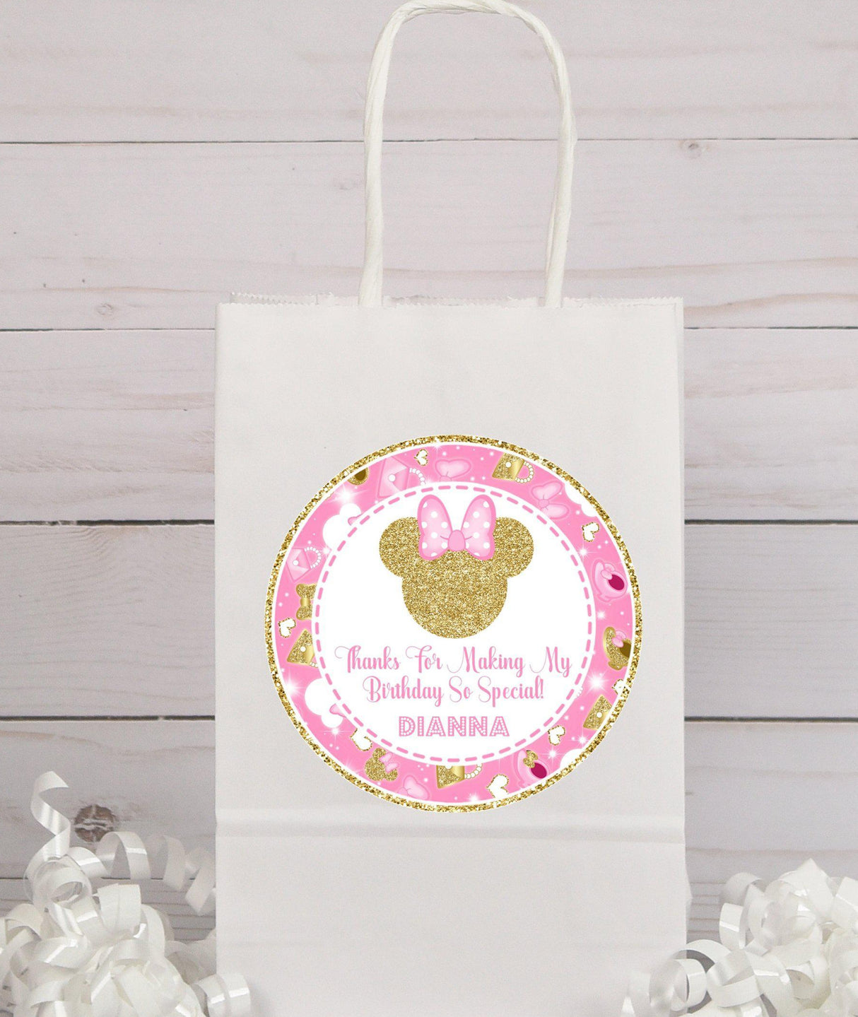 Personalized Minnie themed party sticker for 1st birthday
