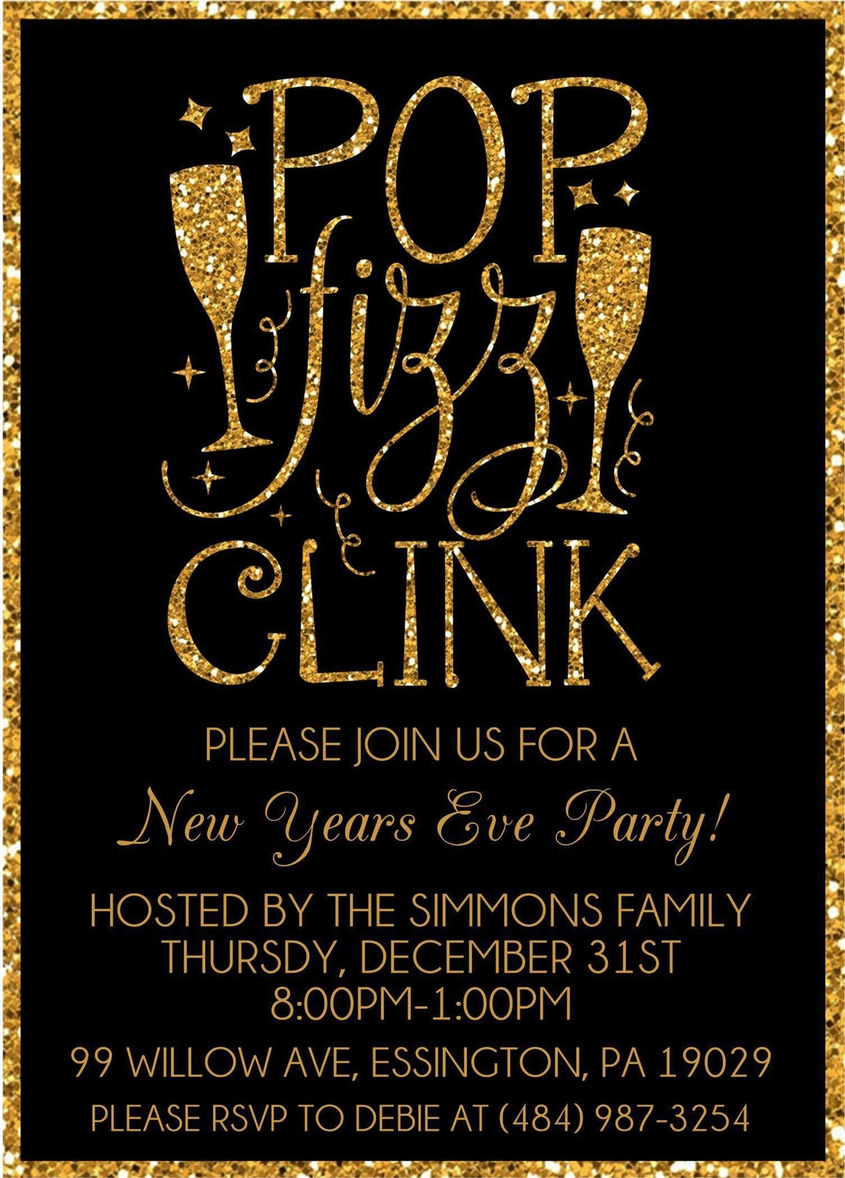 Personalized New Year's Eve party invitation with black background and gold glitter-look design