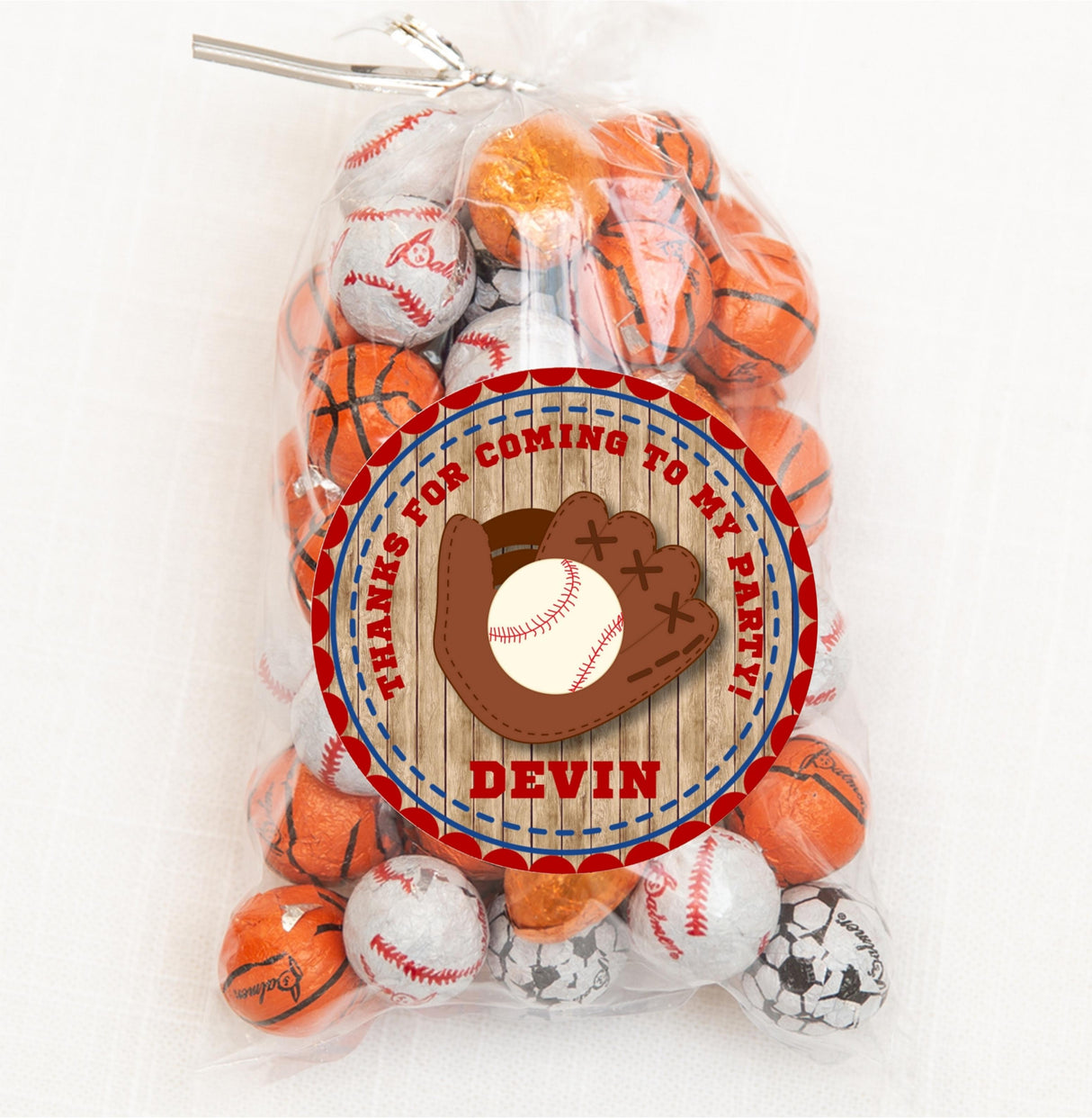 Personalized baseball party sticker with mitt and ball