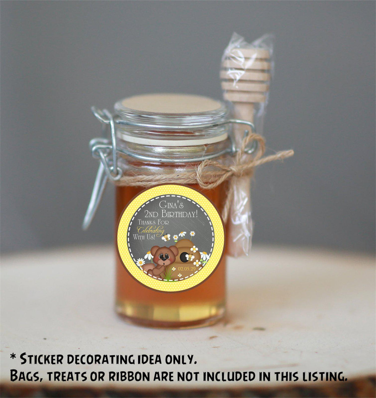 Personalized bee party sticker featuring teddy bear and honey pot