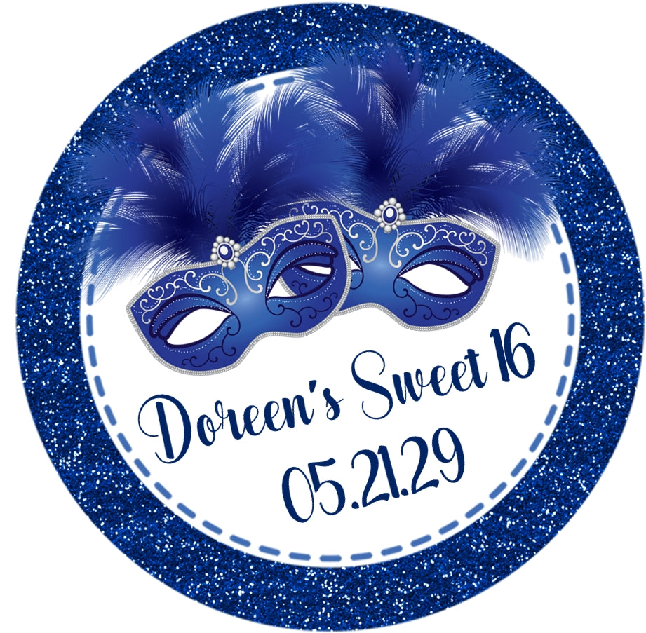 Personalized blue masquerade Sweet 16 party favor label