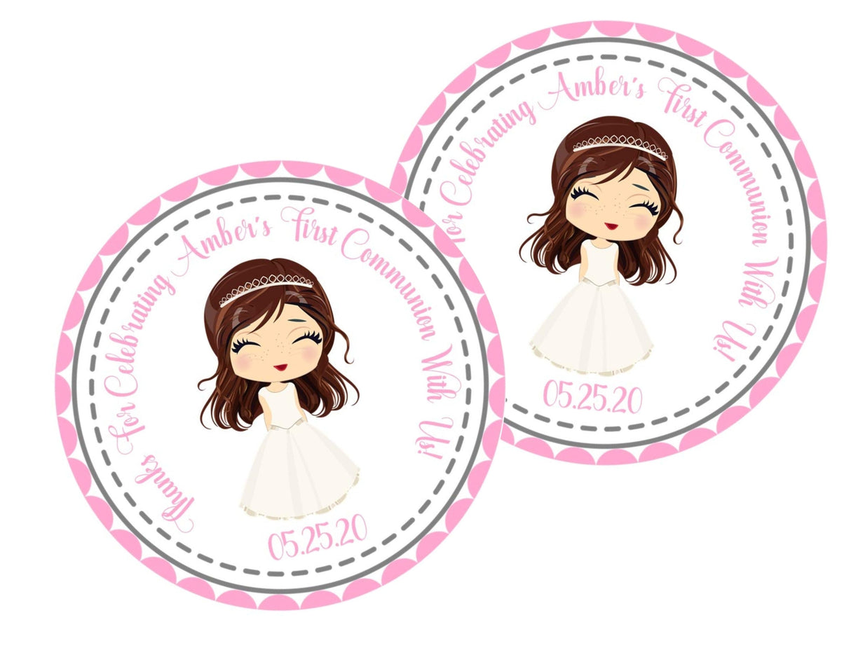 Personalized girls Communion label with girl illustration