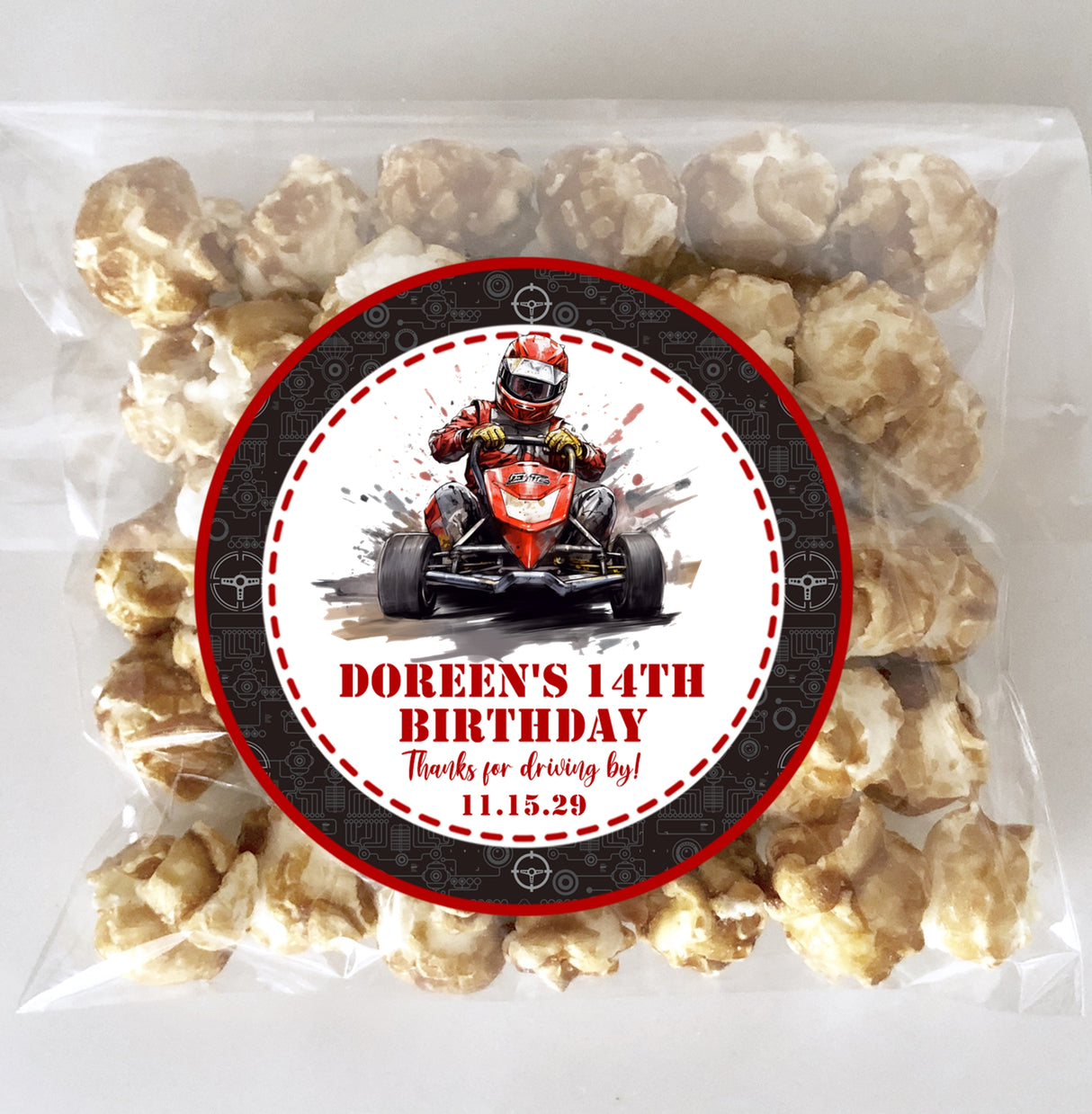 Personalized go-kart birthday sticker with red border