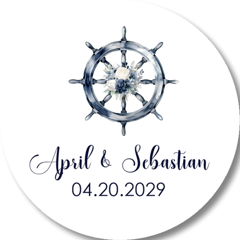 Personalized nautical wedding sticker featuring a ship wheel with blue floral accents and custom names