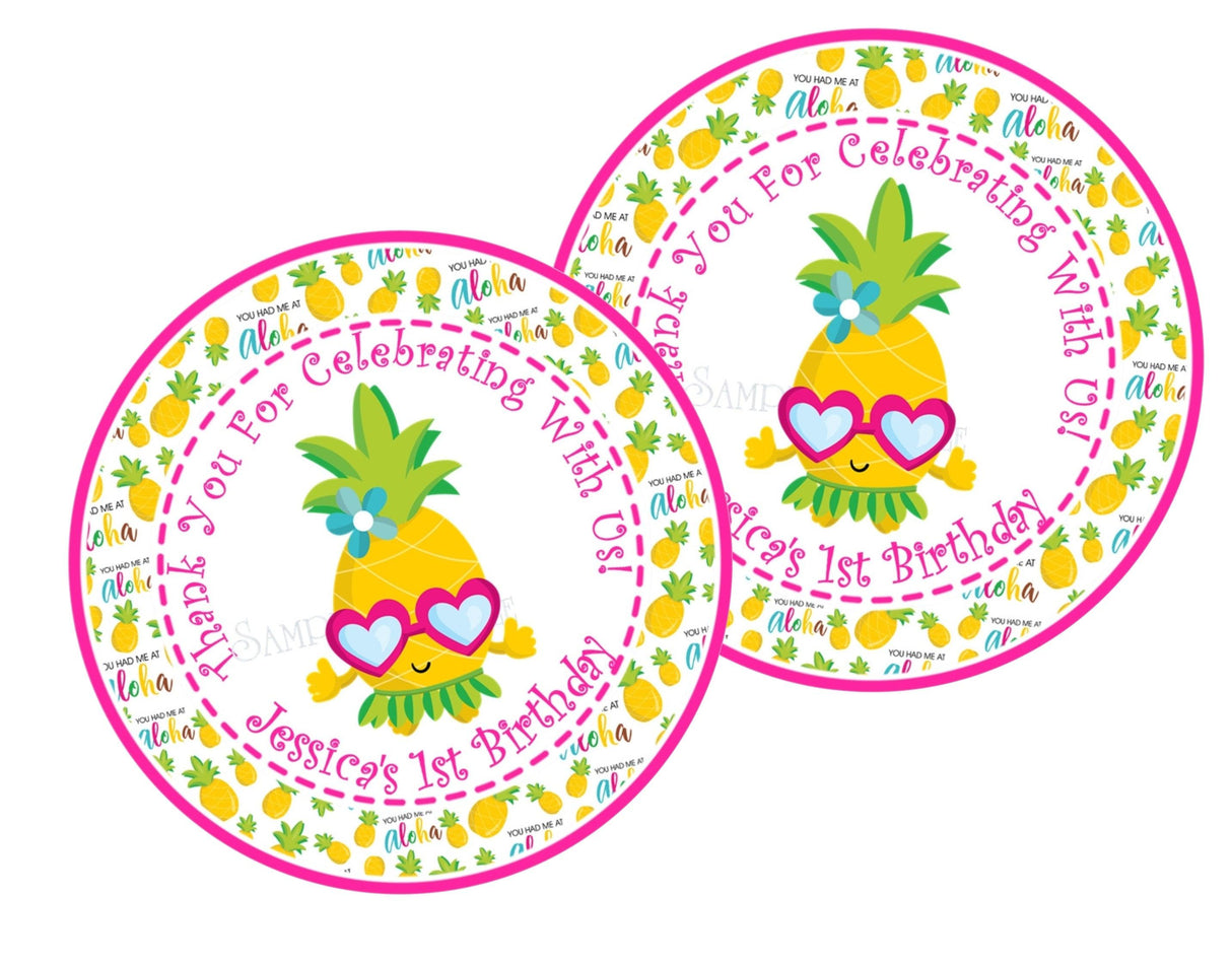 Personalized pineapple party favor label with Aloha background