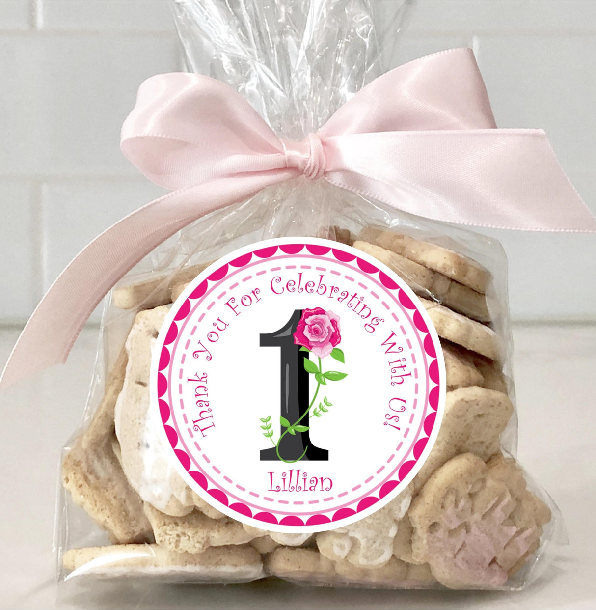 Personalized pink floral birthday sticker for 1st celebrations