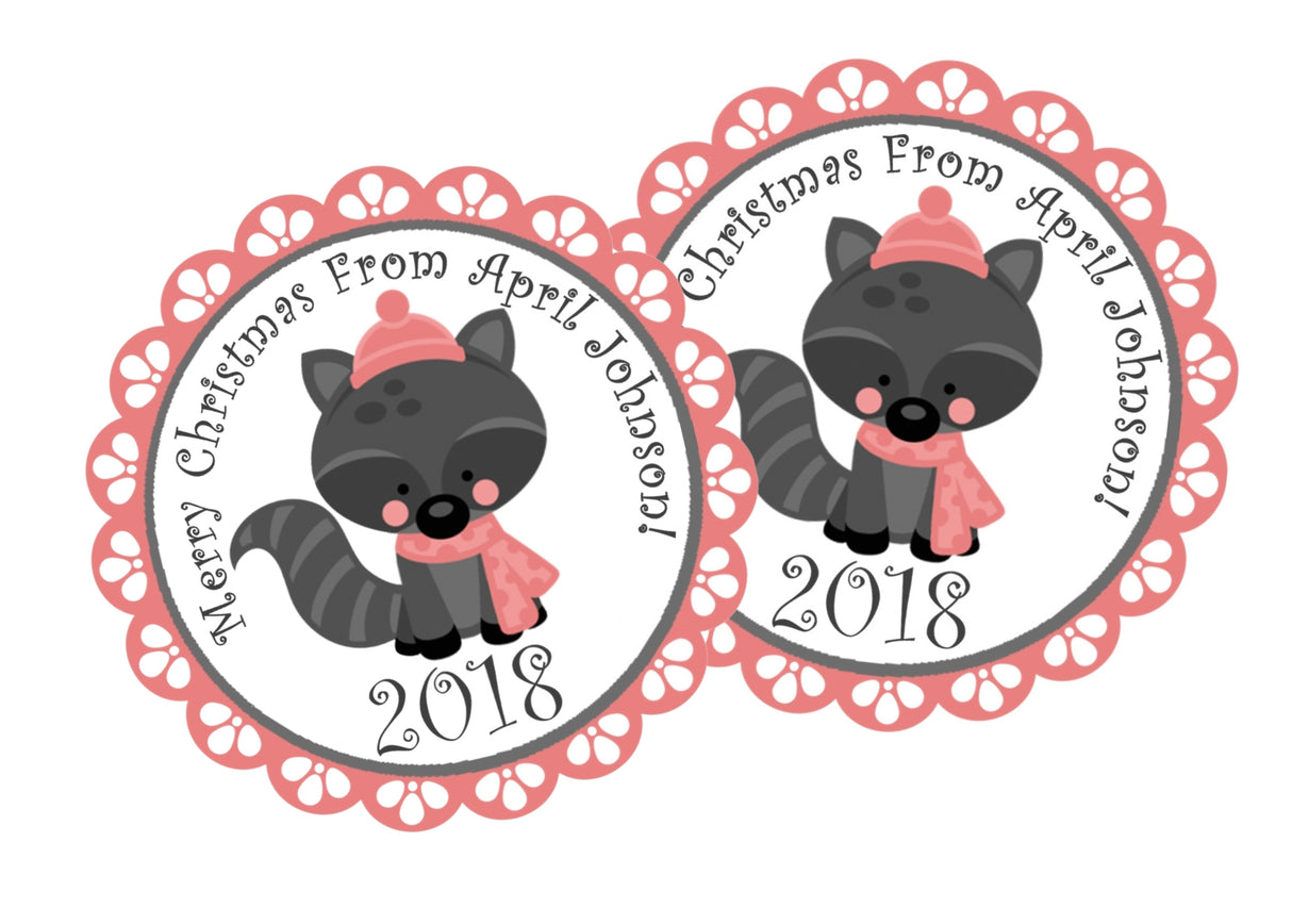Personalized raccoon holiday favor sticker