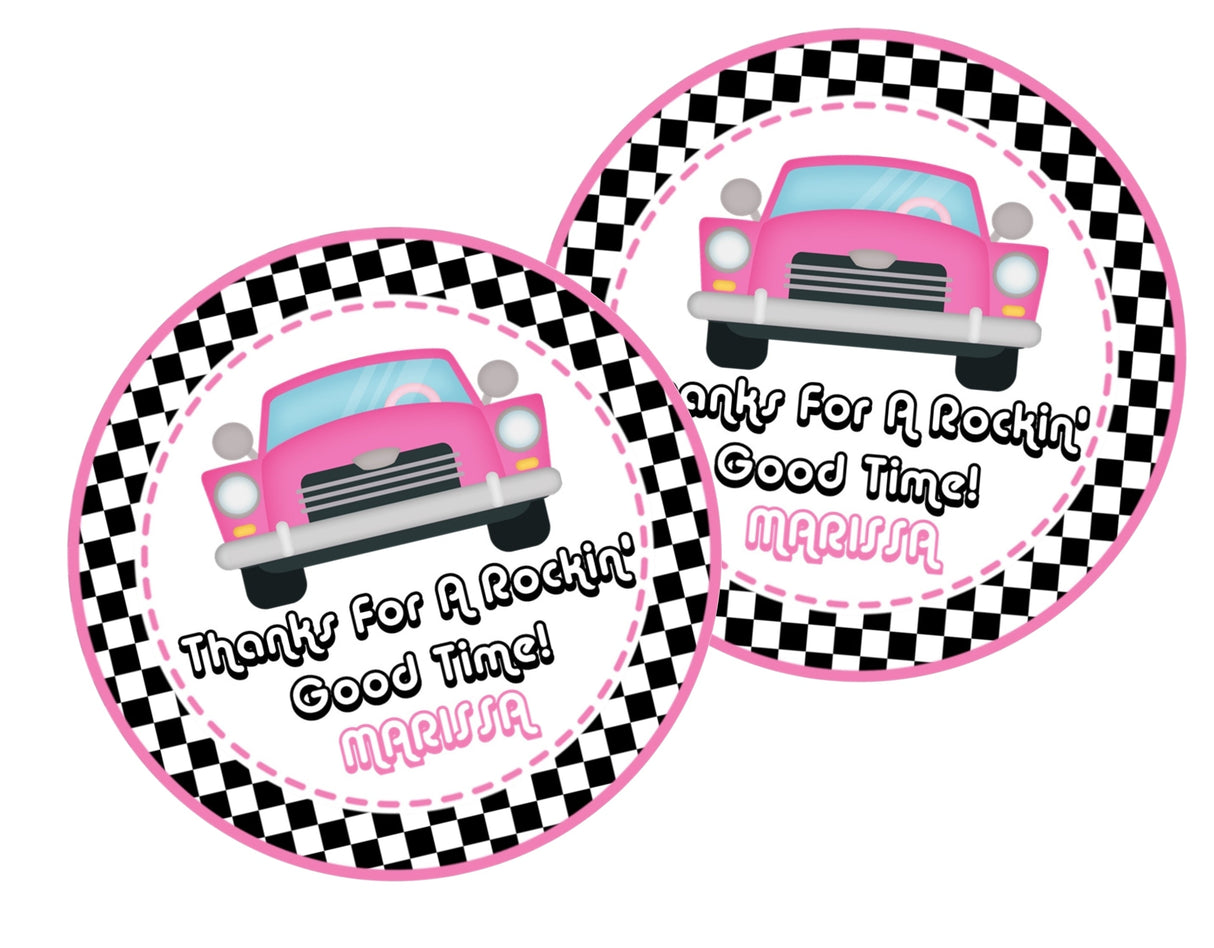 Personalized sock hop car sticker for retro birthday party favors