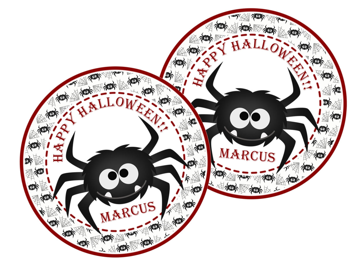 Personalized spider web Halloween favor label with bold spooky spider design