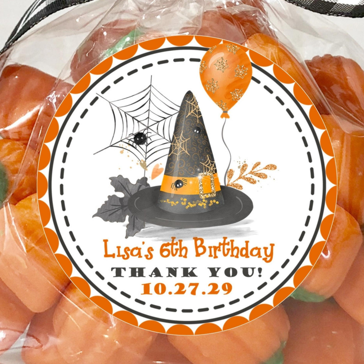 Personalized spooky orange and black witch party label
