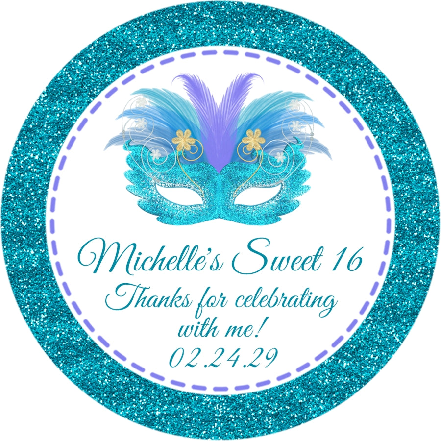 Personalized turquoise mask party favor label with printed glitter