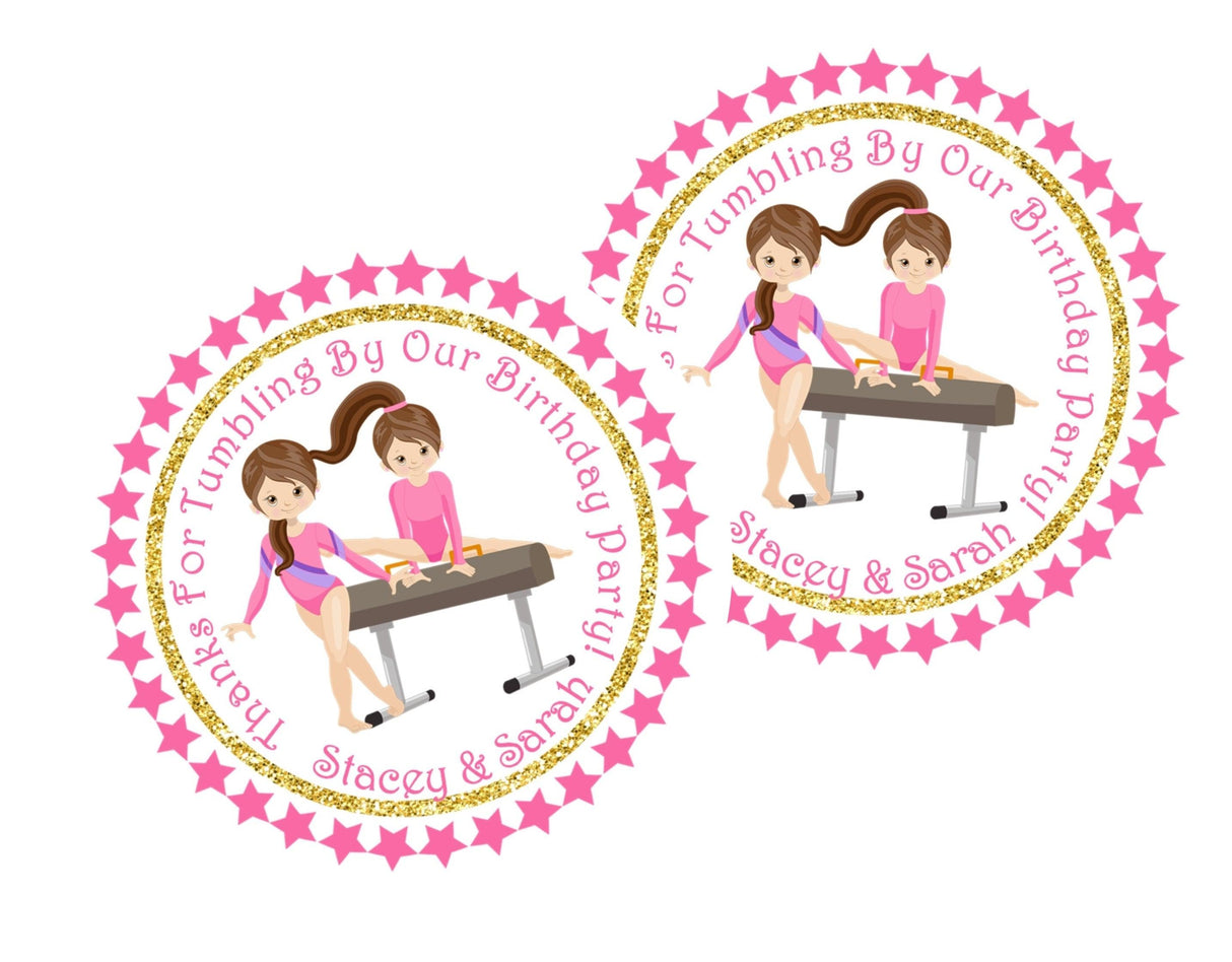 Personalized twin gymnast party favor label with pink stars