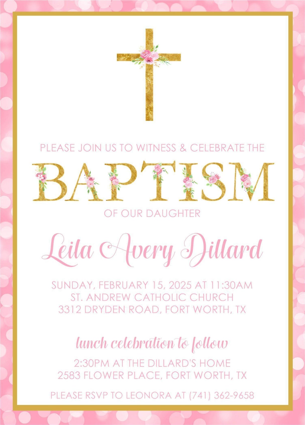 Pink And Gold Baptism Invitations