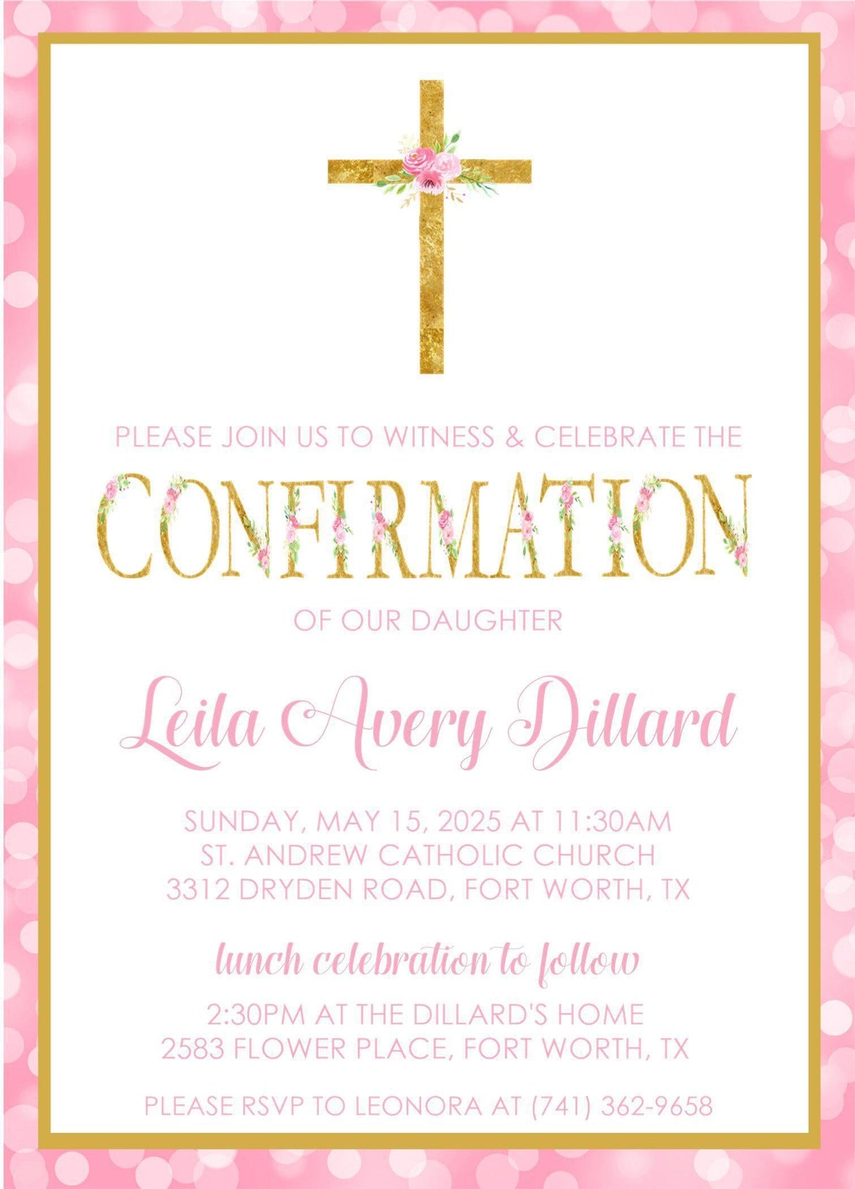Pink And Gold Confirmation Invitations