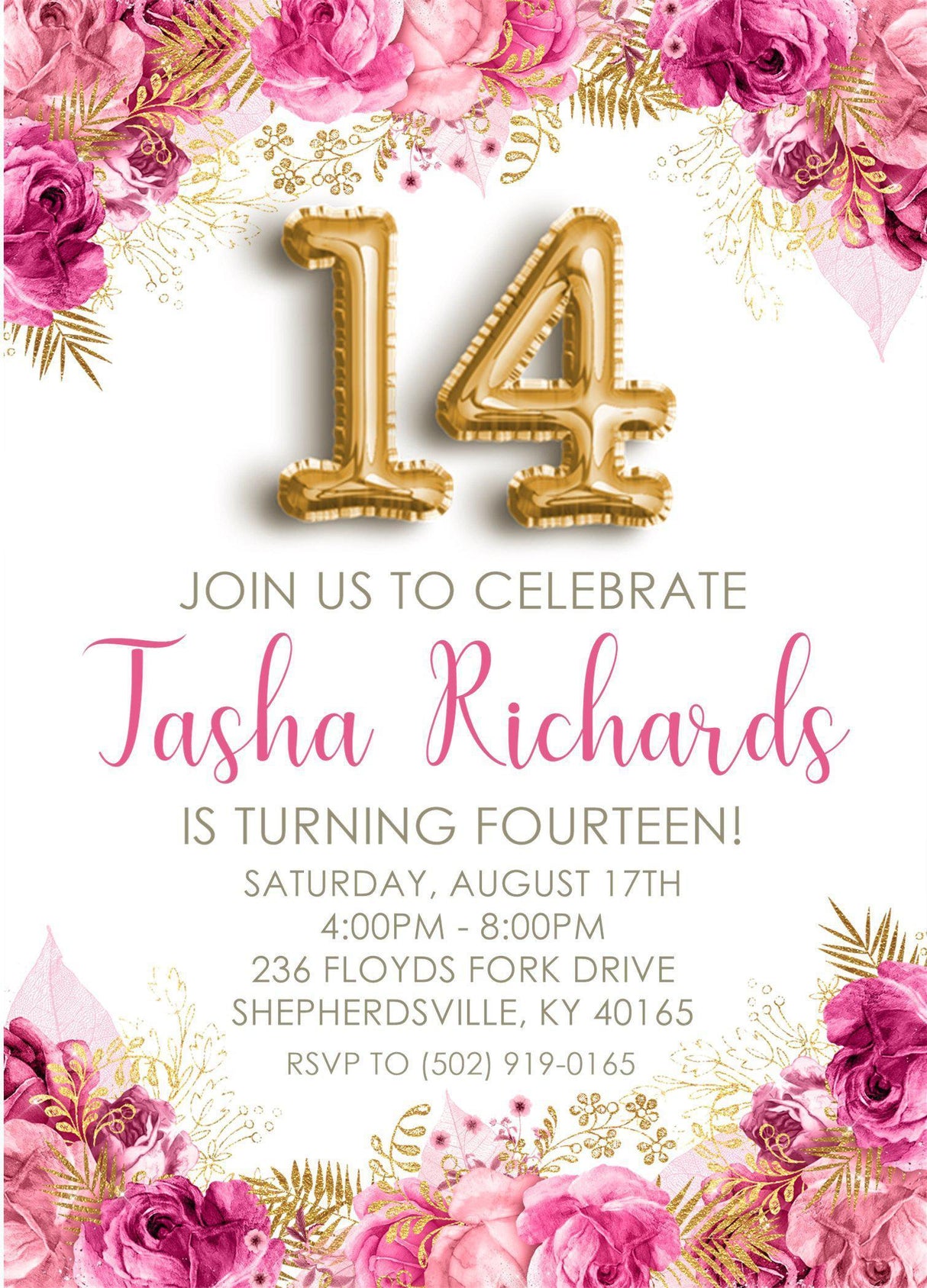 Pink And Gold Teen Birthday Party Invitations