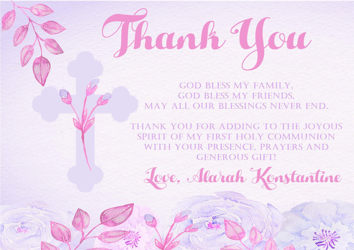 Pink And Purple First Communion Thank You Cards