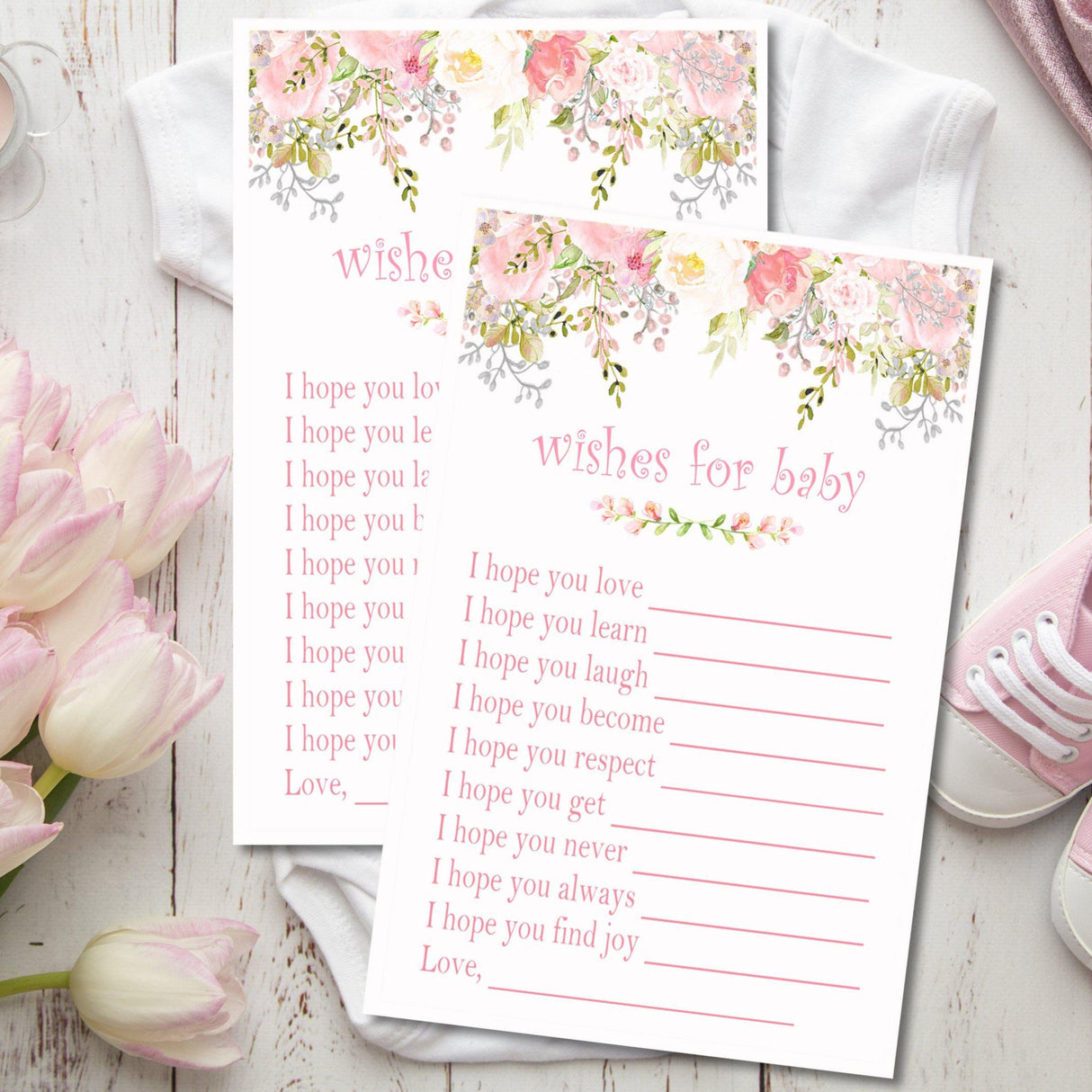 Pink Floral Baby Shower Wish Cards