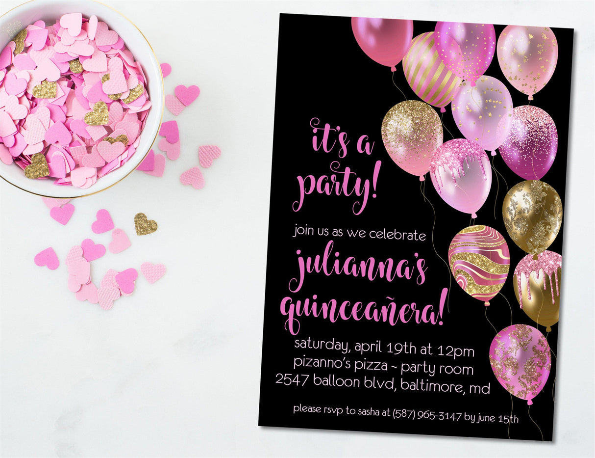 Pink, Gold And Black Balloon Quinceanera Invitations