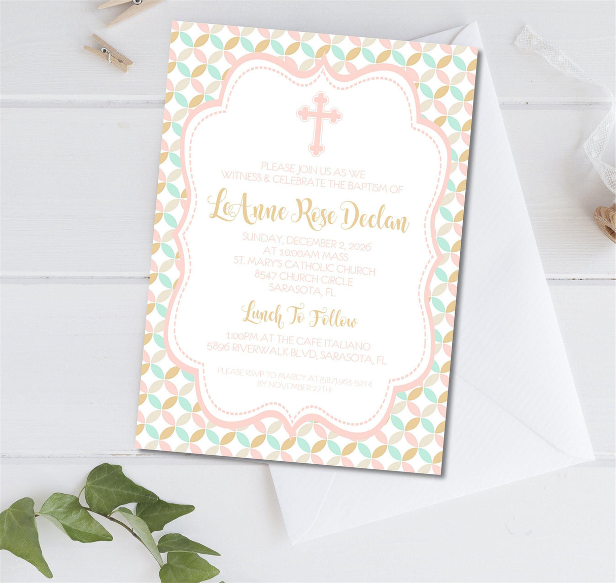 Pink, Mint & Beige Baptism Invitations