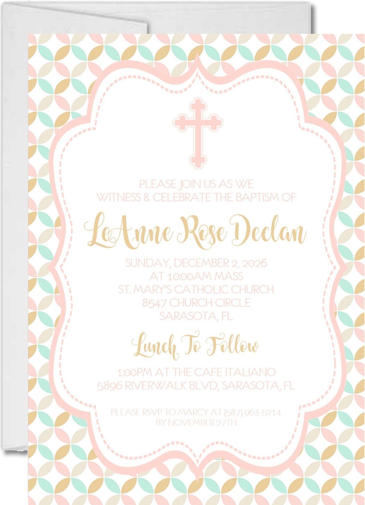 Pink, Mint & Beige Baptism Invitations
