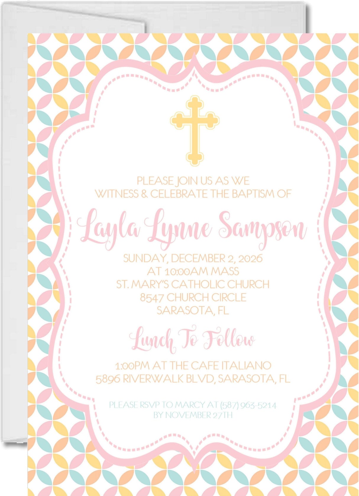 Pink, Yellow And Turquoise Baptism Invitations
