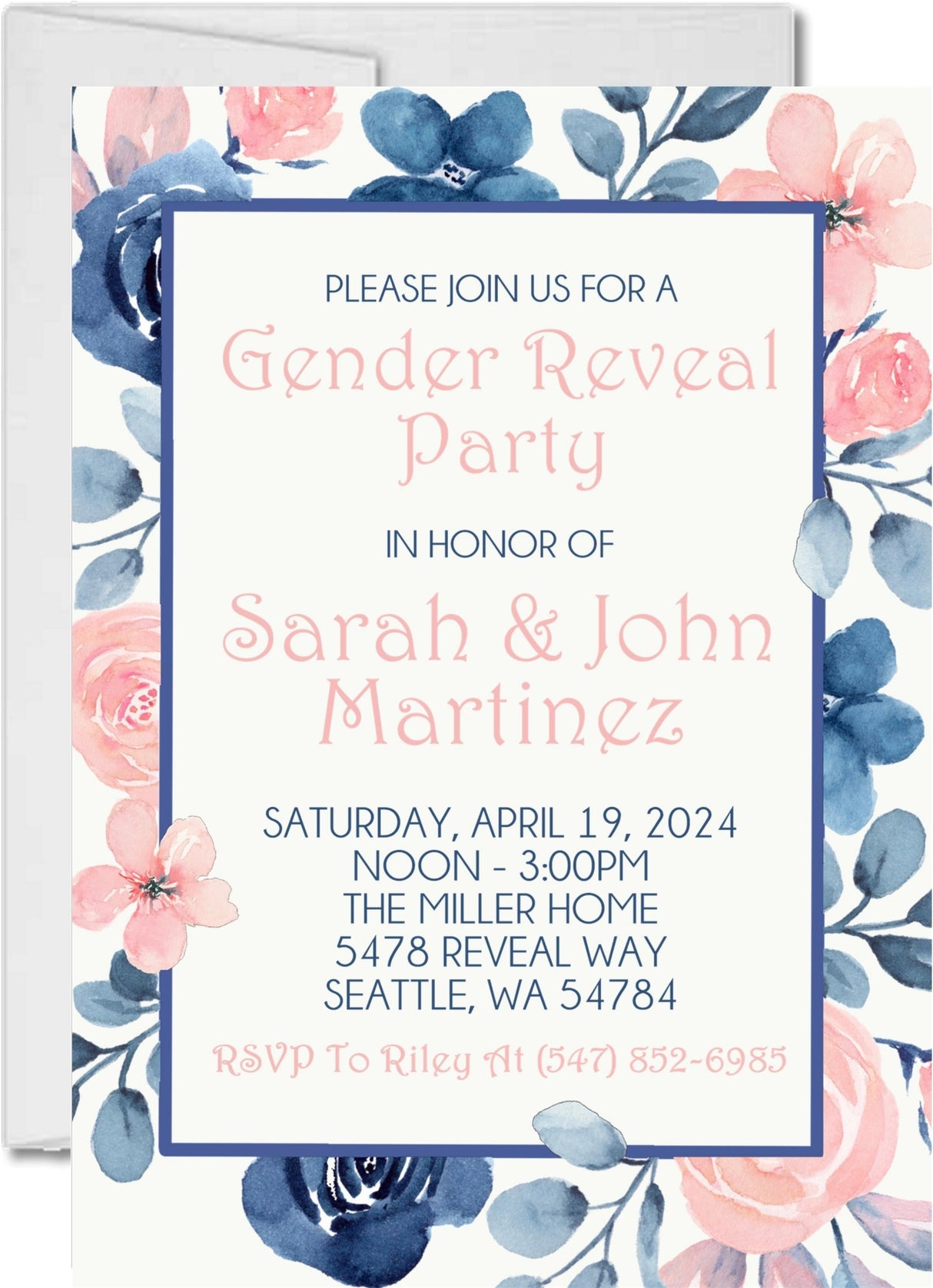 Pink and blue floral gender reveal invitation with watercolor flowers