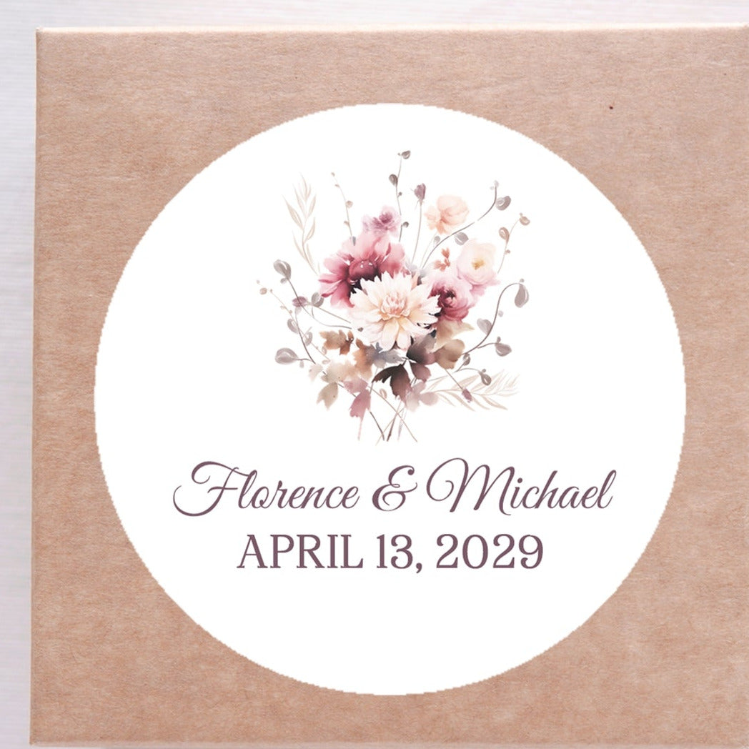 Pink and burgundy watercolor floral wedding sticker