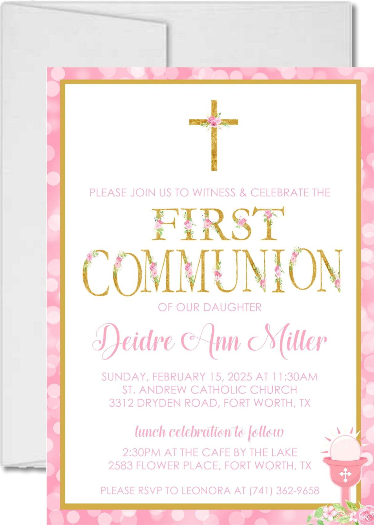 Pink and gold first communion confirmation invitation for religious celebrations