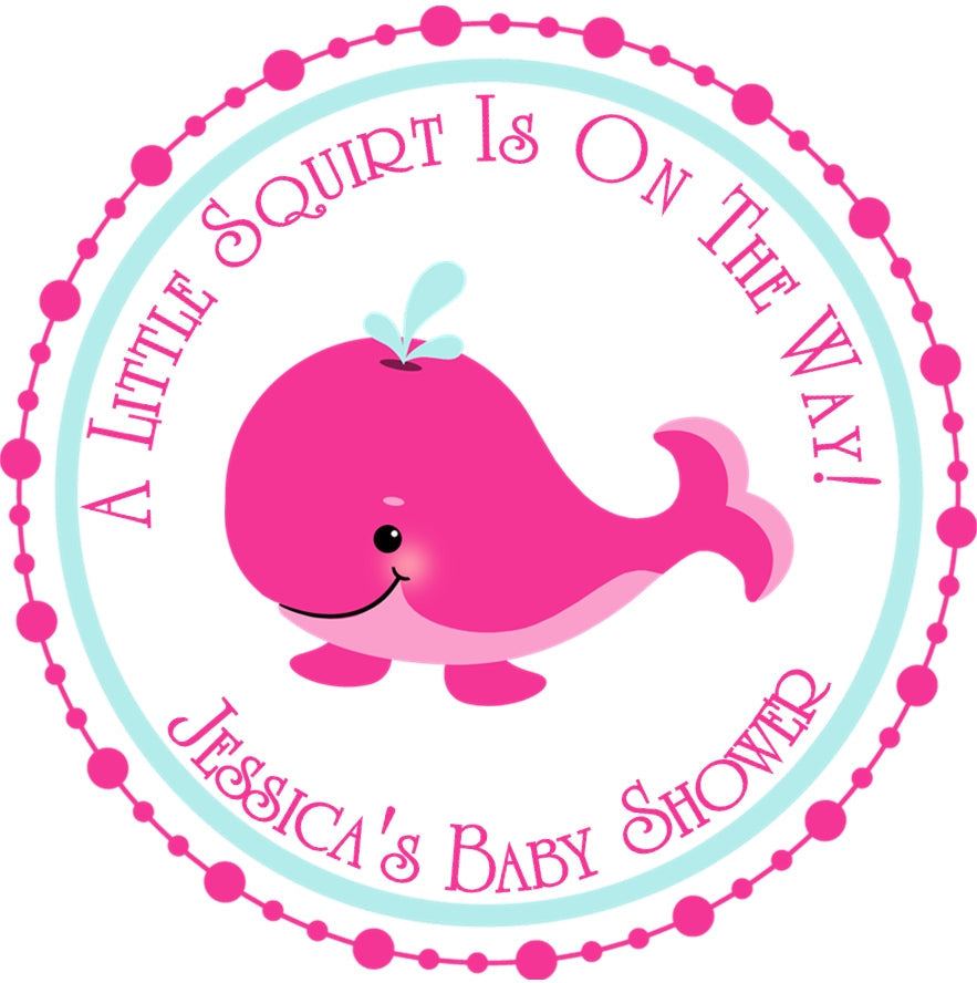 Pink aqua girls whale baby shower sticker labels