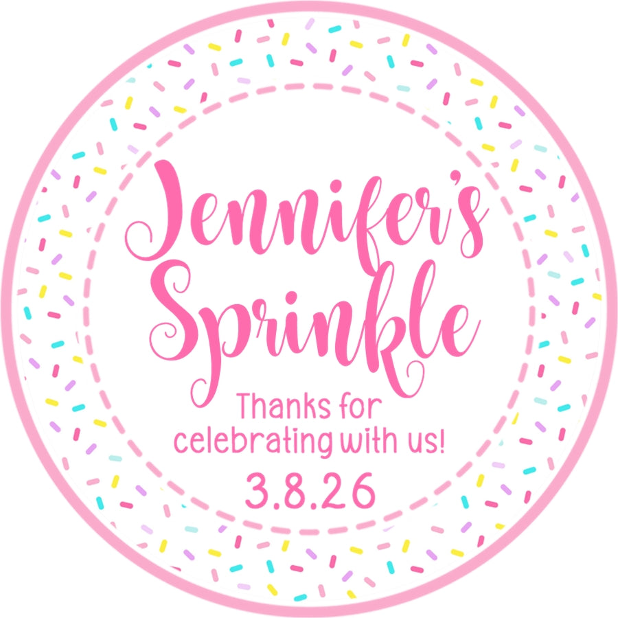 Pink baby sprinkle stickers with colorful sprinkle pattern