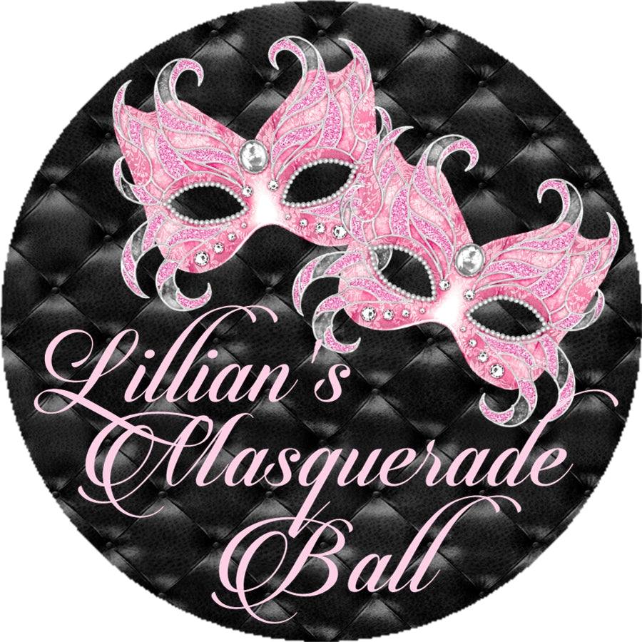 Pink black masquerade ball party sticker favor labels