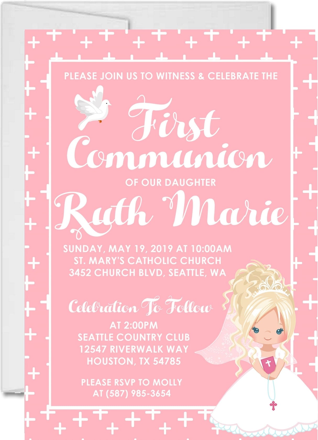Pink first holy communion invitation for girls
