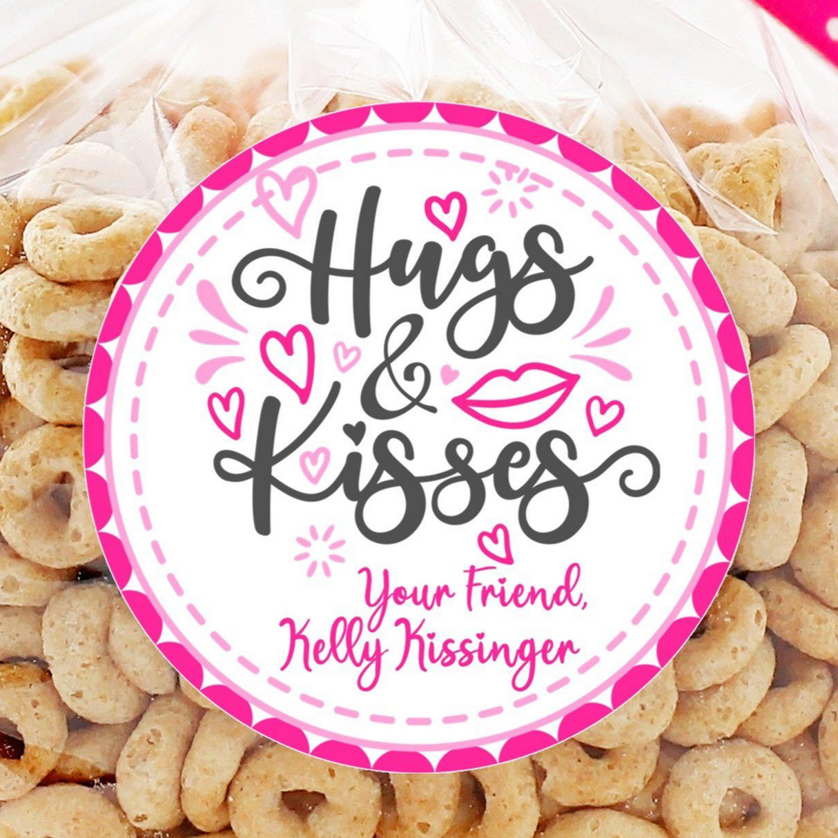 Pink hugs and kisses Valentine sticker with hearts and lipstick graphic