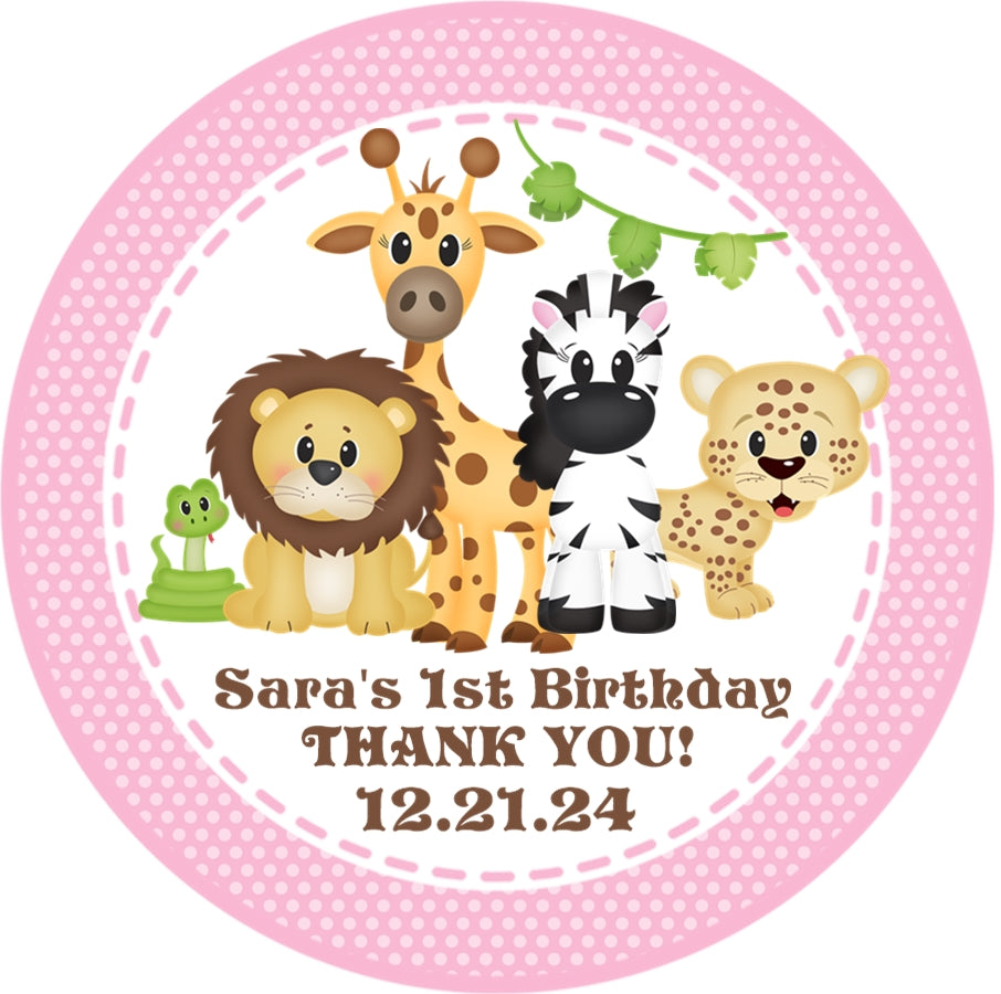 Pink jungle animal birthday sticker with safari animals and personalized name and date