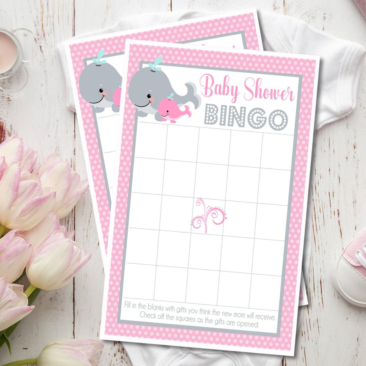 Pink nautical whale baby shower bingo printable