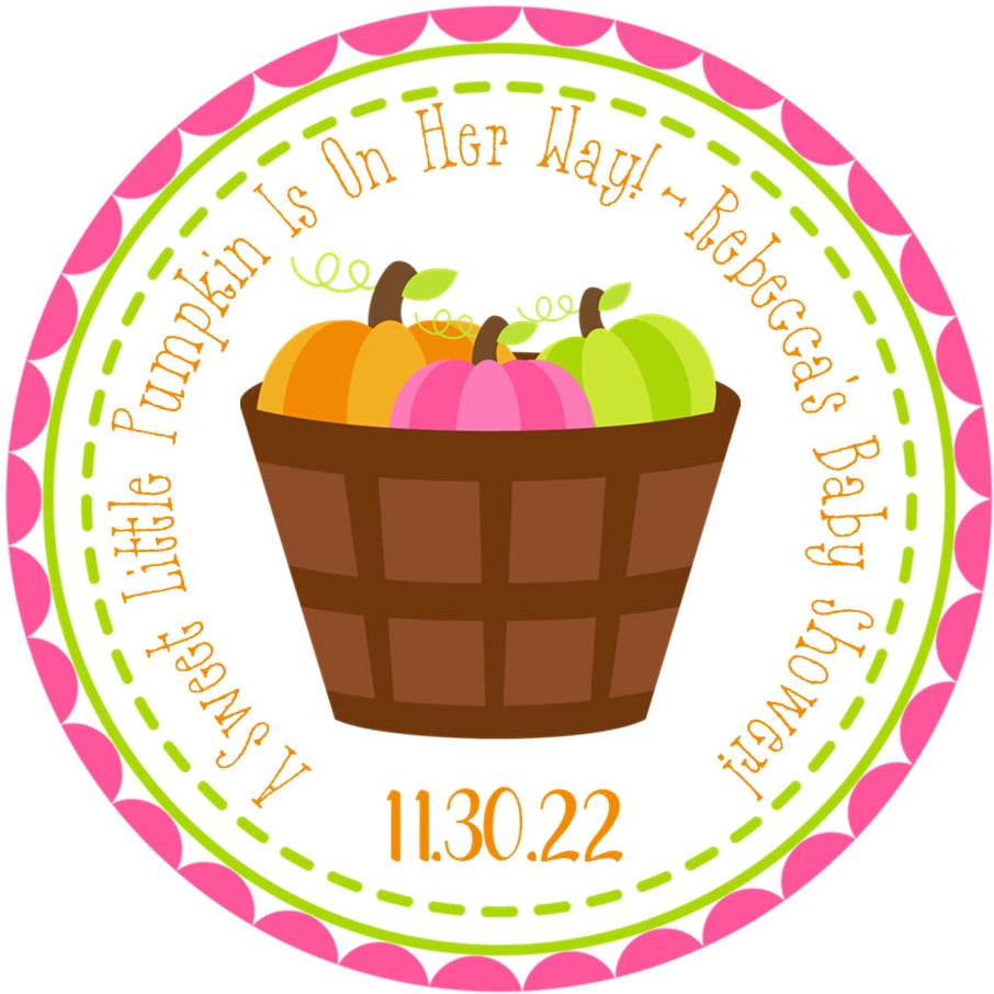 Pink pumpkin baby shower sticker with basket of pumpkins